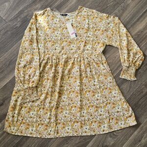 Dokotoo Women's Yellow Brown Floral Print Long Sleeve Dress NWT‎